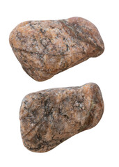 Two different sides of the same stone, isolated on a white background. Close-up of the pebble texture.