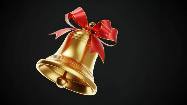 Golden Christmas bell with red bow on black background