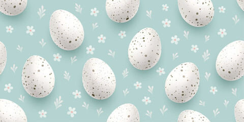 Blue Happy Easter background with realistic 3D eggs in seamless pattern. Vibrant spring design ideal for greeting cards, posters, and seasonal decorations with floral elements