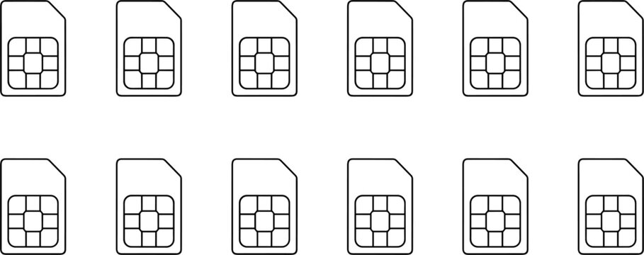 SIM card icons set featuring mobile subscriber identity modules in outline style for telecom network connectivity concepts