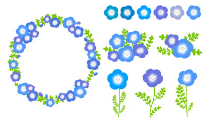 A design frame set adorned with illustrations of nemophila flowers./ ネモフィラの花のイラストで彩られたデザインフレームセット。
