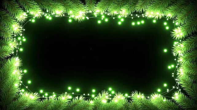 Vibrant green Christmas lights on pine tree branches create festive frame