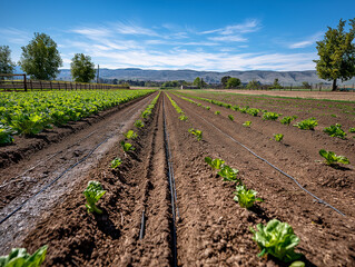 Obraz premium AI generator images of Agricultural plots using a drip irrigation system to water seedlings planted in orderly rows. This system saves a significant amount of water compared to other irrigation method