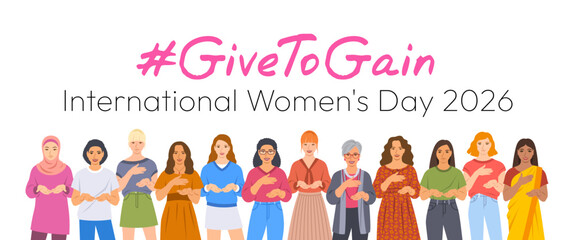 Obraz na płótnie Canvas Give to Gain campaign pose. International Women's Day 2026. Diverse women demonstrate open palms giving gesture, with hand on their hearts to show generosity, collaboration and support for all women