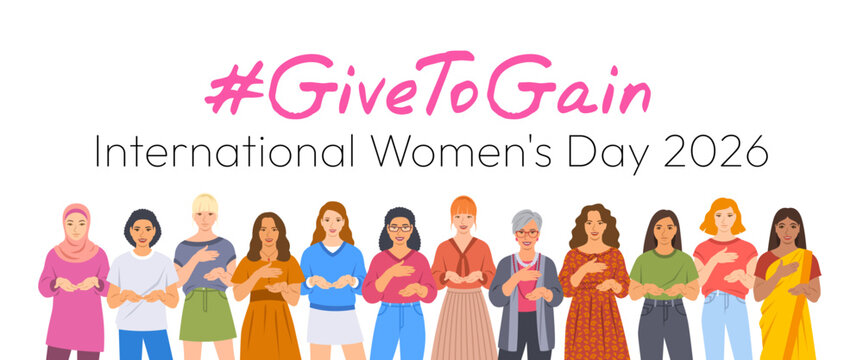Give to Gain campaign pose. International Women's Day 2026. Diverse women demonstrate open palms giving gesture, with hand on their hearts to show generosity, collaboration and support for all women
