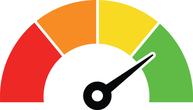 Red orange yellow green gauge with black needle pointing right meter indicator