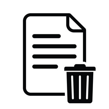 Minimal document delete icon with trash bin symbol. Black and white outline vector representing file removal, data deletion, cleanup, recycle action and document management operations.