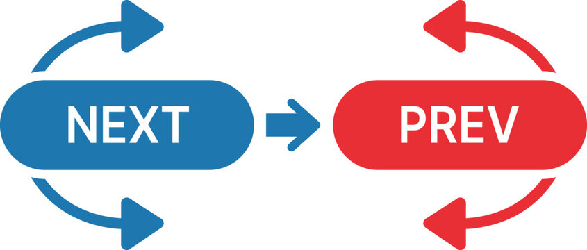 Blue and red rounded rectangles with text NEXT and PREV and circular arrows next prev
