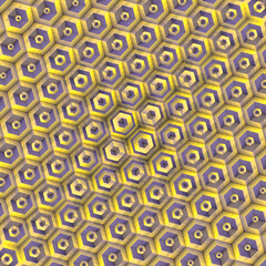 Symmetrical pattern of squares with visual dynamics. The contrast of yellow and purple adds rhythm and volume. 3d rendering digital illustration