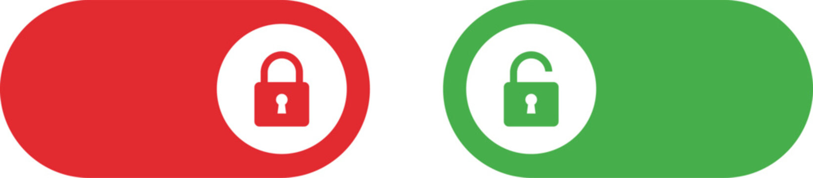 Red locked padlock on white background and green unlocked padlock on white background security