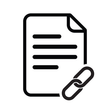 Black and white document link icon with chain symbol. Clean outline vector representing file attachment, hyperlink, connection, sharing, reference linking and digital document integration systems.