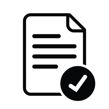Black and white document approved icon with check mark symbol. Clean outline vector representing verified files, confirmation, successful validation, approval status and completed document workflow.