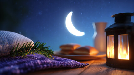 Iftar food is served during Ramadan, with lantern lighting.