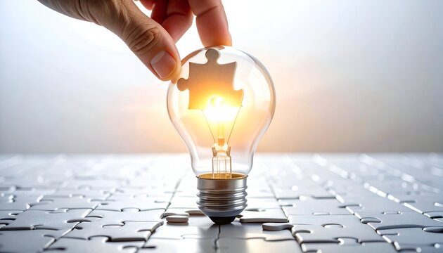 Hand adding puzzle piece to lightbulb, illuminating a solution