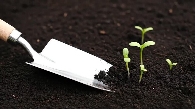 Gardener planting young seedlings with trowel in rich soil