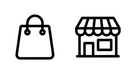 Shopping icons: shopping bag and store front, e-commerce symbols, outline design, black and white