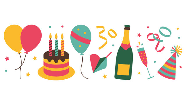 Colorful party objects for thirtieth birthday celebration on white background