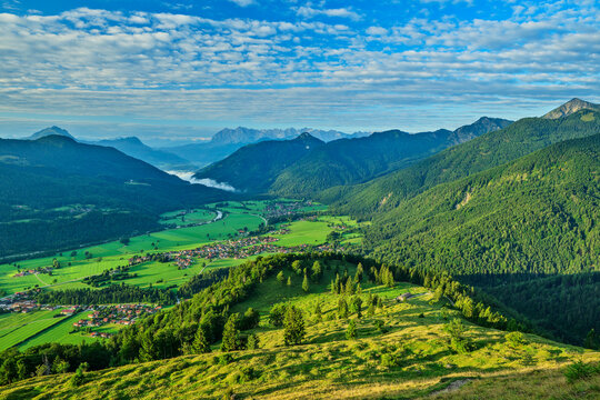 Scenic panoramic view of Chiemgau Alps and valley in Upper Bavaria