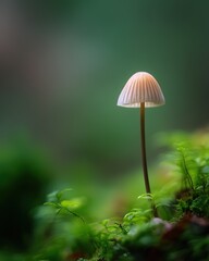 White Small Mushroom on Moss, Dark Green Background Natural Closeup
