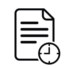 Minimalist vector icon of a document file with a clock symbol. Represents scheduled reports, pending tasks, history, or time-sensitive documentation in a clean line art style.