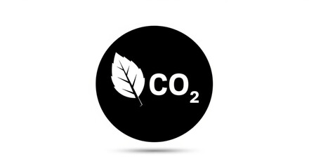 Obraz premium A black circle with a white leaf and CO2 text on a plain white background viewed from directly above