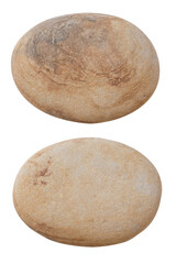 Two different sides of the same stone, isolated on a white background. Close-up of the pebble texture.