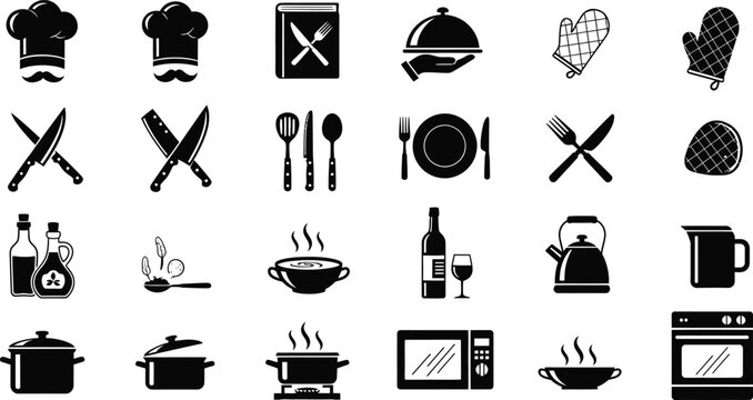 Black and white kitchen utensil icons set including chef hats cutlery pots and appliances on clean background for cooking and food preparation concepts