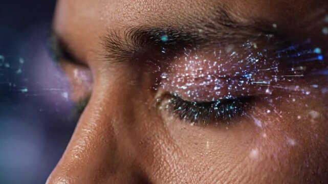 Extreme Close Up of Human Eye with Futuristic Digital Data Interface Showing Biometric Scan Artificial Intelligence and Cyber Technology Concept
