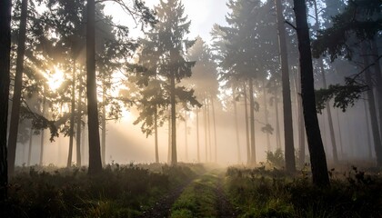 Misty Forest Landscape with Sunlight Filtering.