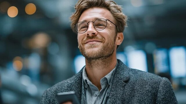 Smiling confident man, illuminated by soft light, smiles radiantly as he gazes off camera while holding a smartphone. It&rsquo;s a moment of effortless style.