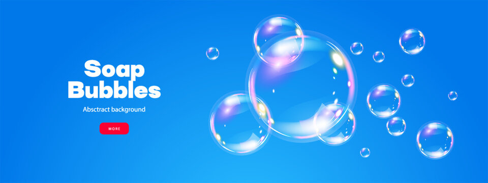 Realistic rainbow soap bubbles on blue sky background. Glossy volume rounded aqua droplet. 3D glass liquid shape with holographic effect. 3D vector illustration.