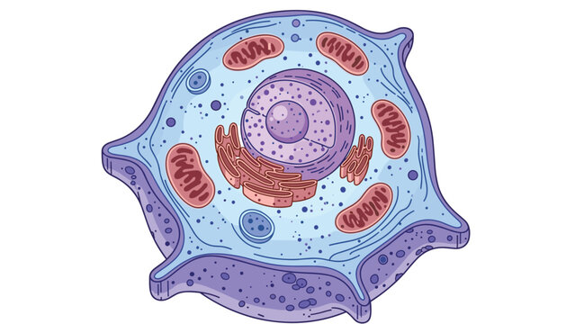 Detailed scientific illustration of a biological animal cell showing internal organelles like the nucleus, mitochondria, and cytoplasm.