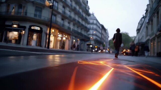 A bustling city street at dusk with an augmented reality navigation system glowing bright orange projecting dir 438f160f 2
