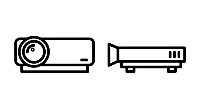 Minimalist black outline icons of projectors shown from front and side view