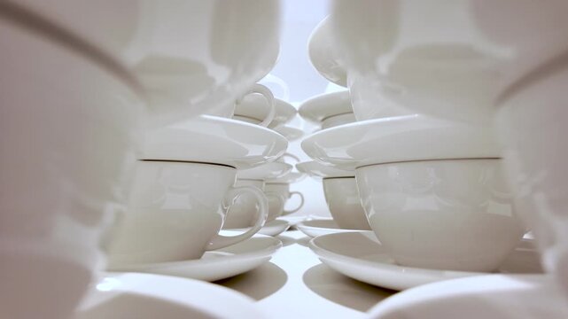 White porcelain tea cups with saucers stacked in rows creating a symmetrical pattern