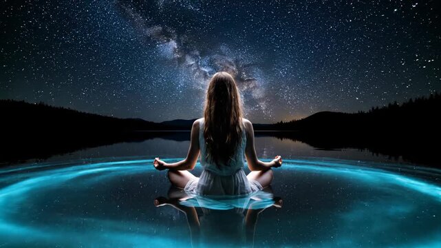 Meditating woman sits on calm water. Silhouette faces star filled sky. Milky way stretches over dark lake. Perfect reflection mirrors figure and sky. Night yoga and meditation in serene deep silence.