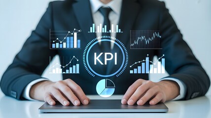 Business professional analyzing Key Performance Indicators (KPIs) with digital charts and graphs on a futuristic interface.