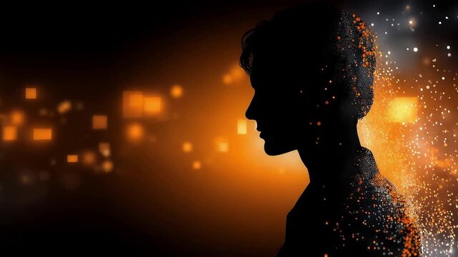 A dark human silhouette slowly dissolves into vibrant orange pixels symbolizing the transformation of identity
