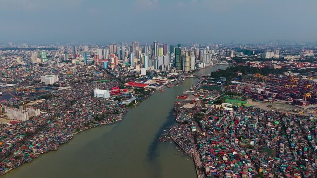 High Altitude Establishing Shot Of Pasig River Slums And Manila Skyline