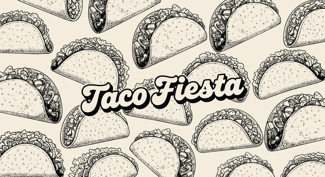 Tacos arranged in a festive pattern with taco fiesta text overlay