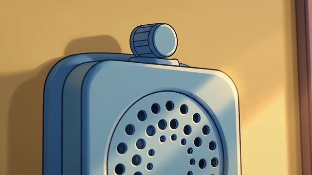 Blue circular speaker on yellow wall, cartoon style illustration