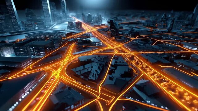 A futuristic smart city with a dynamic traffic system illuminated by vibrant orange glowing lines showcasing th 4dd63c83 2