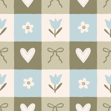 Cottage core checkered seamless pattern. Hand drawn cute nostalgic print with gingham blue and green ornament. Playful whimsical pattern for kitchen textile, blanket, tablecloth.