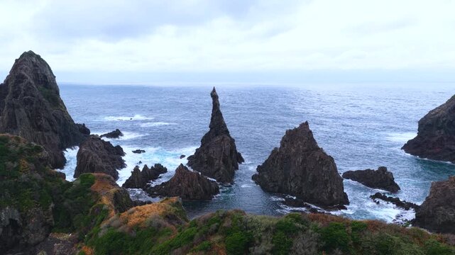 Aerial Reveal Breathtaking Kuniga Coast, Kannon Rock and Kaeru Iwa, Oki Island