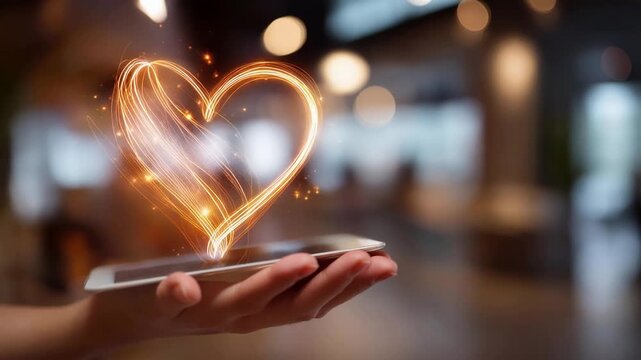 A glowing online dating interface hovers in mid air illuminated by a warm orange light surrounded by a soft dre 5a65bb76 3