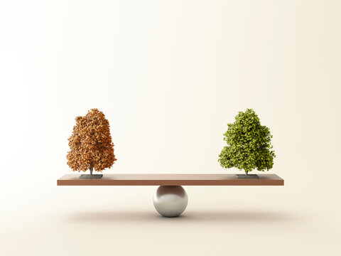 Two symbolic trees representing contrast and balance on a 3d plank