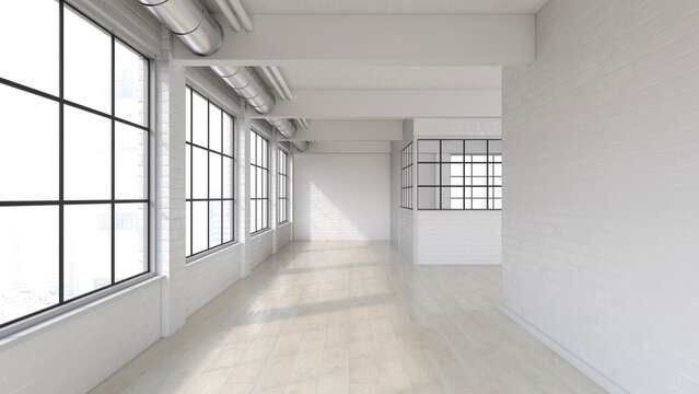 Bright modern industrial loft apartment with large windows and brick walls