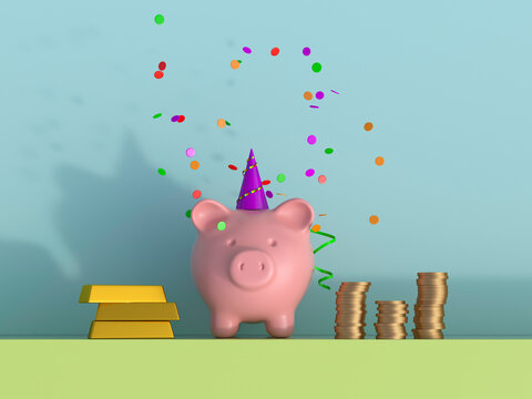 Piggy bank with party hat and gold coins in festive financial setting
