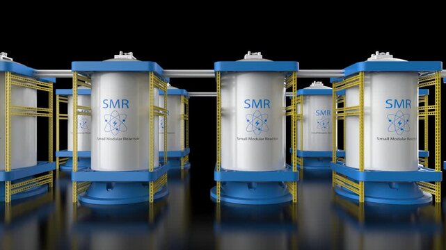Group of smr or small modular nuclear reactors power plant on black background 4k footage