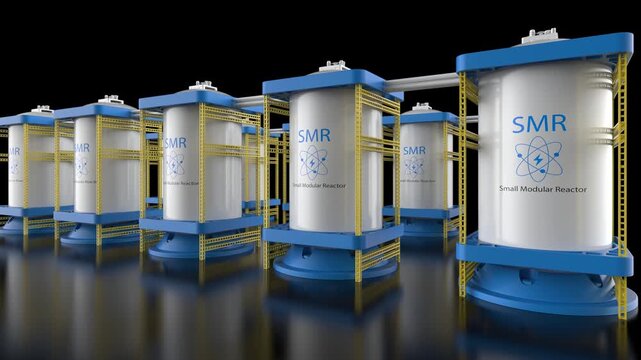 Group of smr or small modular nuclear reactors power plant on black background 4k footage
